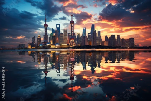 The night show of Pudong's skyscrapers in Shanghai., generative IA photo