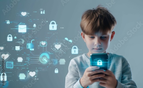 A boy with a cellphone, a cybersecurity hologram, and a padlock circuit photo