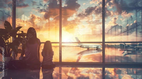 A woman and a child are sitting on a bench at an airport, looking out the window at an airplane