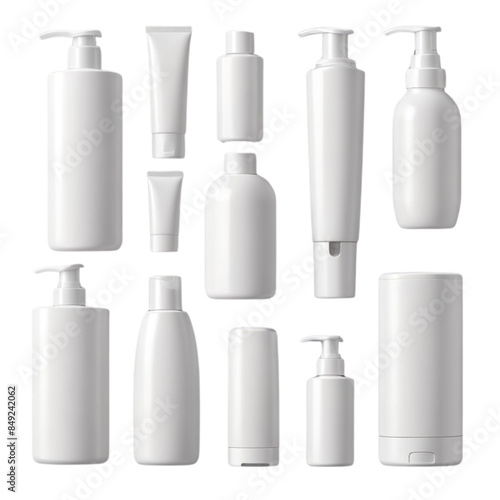 Cosmetic bottle collection. Set of cosmetics package mockup. Soap pump dispenser blank, cream jar, shampoo bottle, toothpaste tube design. Mock up of plastic bottles