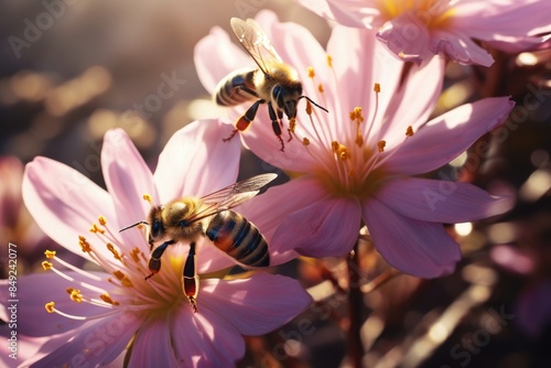 Two honey bees collecting nectar from pink flowers. photo