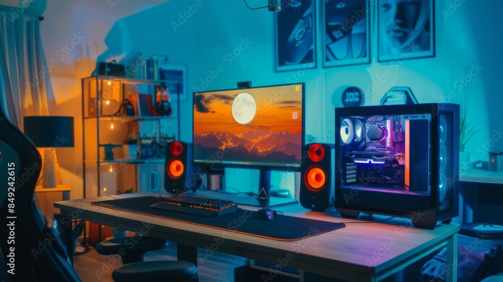 A desk with a computer monitor and compact desktop speakers, set up for an immersive gaming experience A desk with a computer monitor and compact desktop speakers, set up for an immersive gaming experience