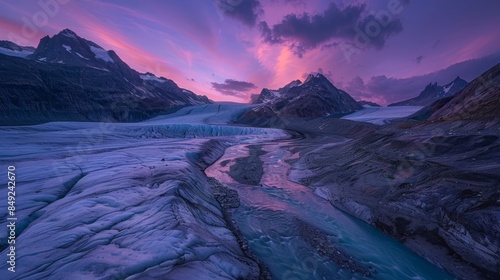 As twilight descends upon a remote glacier, the landscape transforms into a scene of surreal beauty