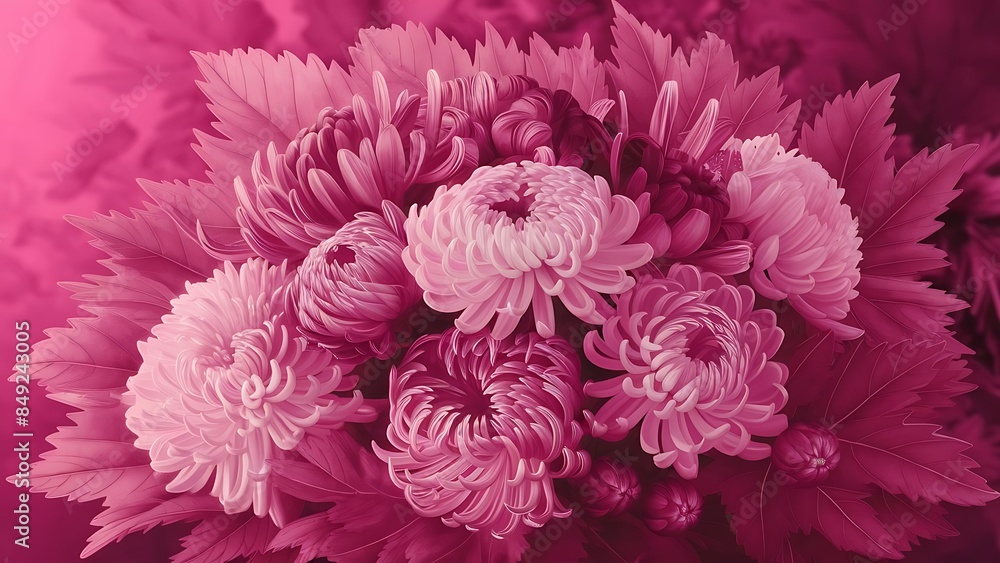 Different chrysanthemums and leaves on pink background Different chrysanthemums and leaves on pink background