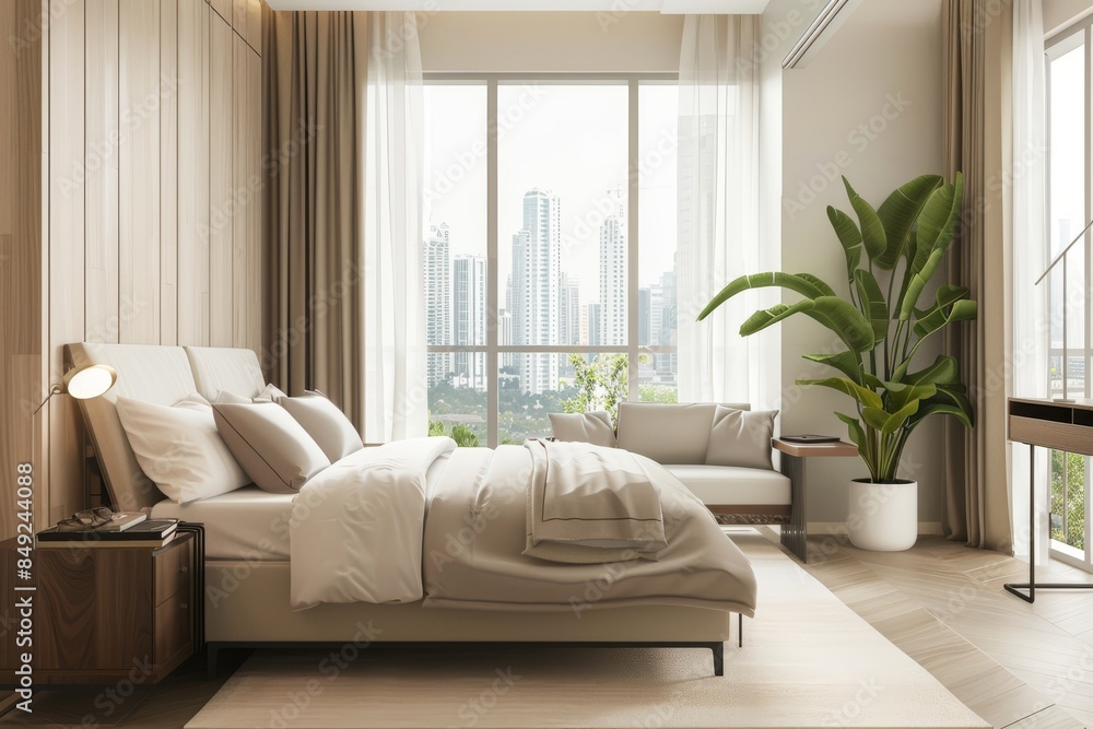 Fototapeta premium Bedroom interior with a workspace, bed, and sofa near a window in a luxury hotel