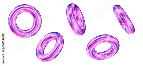 3d set of holographic geometric shape torus. Metal simple figure for your design. Stock vector illustration on isolated background.		
