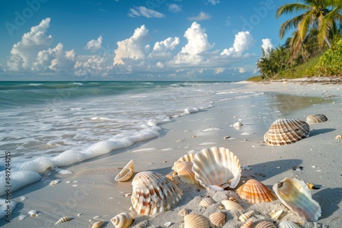 A collection of seashells rest on a white sand beach, with the turquoise water of the ocean gently lapping at the shore. A blue sky with fluffy clouds completes this idyllic scene © Ilia Nesolenyi