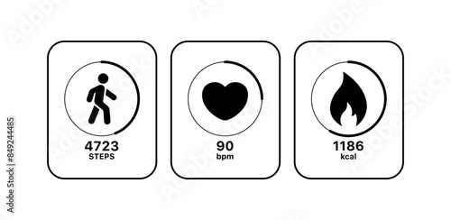 Fitness Bracelet Set Icons. Steps, heartbeat and kilocalories icons. Linear and Silhouette Styles. Vector icons.
