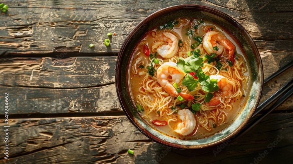 Tom Yum Kung soup with shrimp and noodles in a bowl on a wooden table. Tom Yum Kung soup with shrimp and noodles in a bowl on a wooden table.