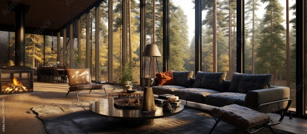 Modern Cabin Living Room with Forest View Modern Cabin Living Room with Forest View