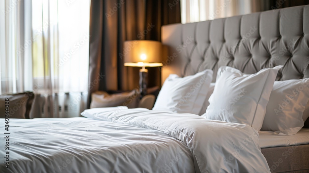 A luxurious hotel room with a king-sized bed, crisp white linens, and elegant decor, showcasing comfort and style A luxurious hotel room with a king-sized bed, crisp white linens, and elegant decor, showcasing comfort and style