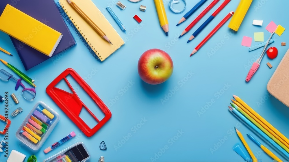 Back to school sale. Advertising banner template with 3d realistic shopping basket and stationery. background illustration of school equipment with the concept of back to school Back to school sale. Advertising banner template with 3d realistic shopping basket and stationery. background illustration of school equipment with the concept of back to school
