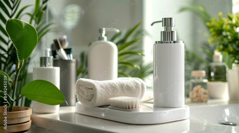 An elegant white bathroom accessory collection with a light wooden tray. Powered by artificial intelligence. An elegant white bathroom accessory collection with a light wooden tray. Powered by artificial intelligence.