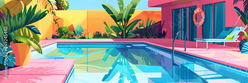 brightly colored illustration of a backyard swimming pool. © john