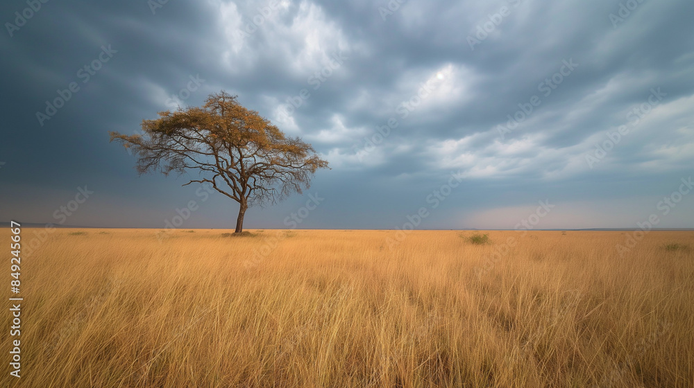 A minimalist portrayal of the Serengeti National Park in Tanzania, capturing the vast golden savanna stretching towards the horizon under a dramatic cloudy sky. A minimalist portrayal of the Serengeti National Park in Tanzania, capturing the vast golden savanna stretching towards the horizon under a dramatic cloudy sky.