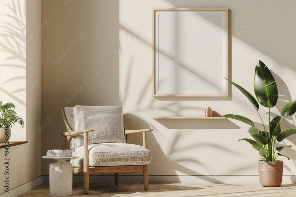 Interior of a beige hotel with a shelf with decoration and an armchair, mockup of a frame Interior of a beige hotel with a shelf with decoration and an armchair, mockup of a frame