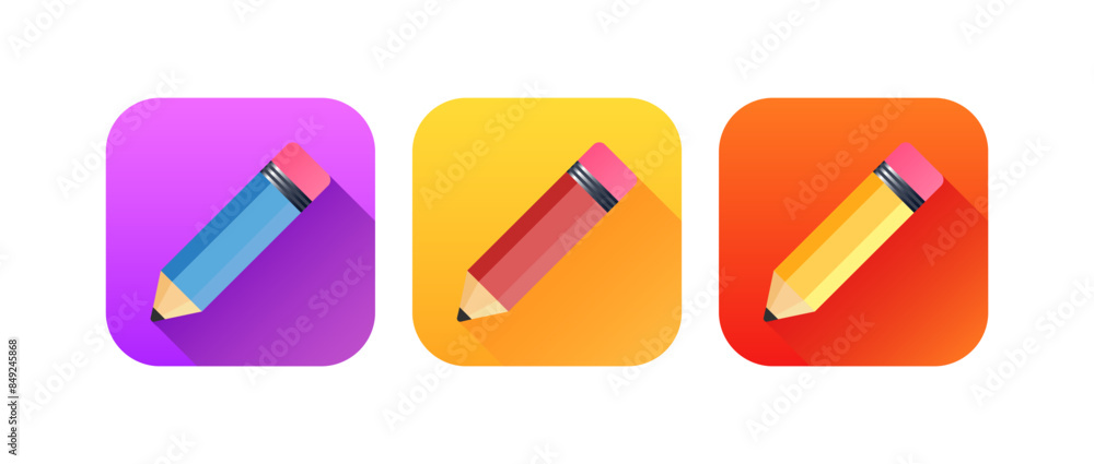 Pencil icons. Simple square rounded icons. Flat style. Vector icons. Pencil icons. Simple square rounded icons. Flat style. Vector icons.