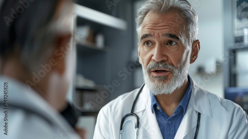 Medical clinic with a white coat and stethoscope. Ai generated illustration of a doctor consulting a patient.