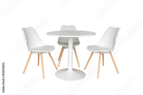 Fototapeta white round table and three chairs isolated on white background