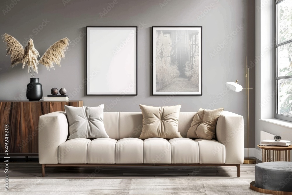 Fototapeta premium Interior design of a stylish living room with couch and drawer near the window. Frame mockup