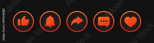 Social media reactions set icons. Like, bell, repost icons. Flat style. Vector icons.