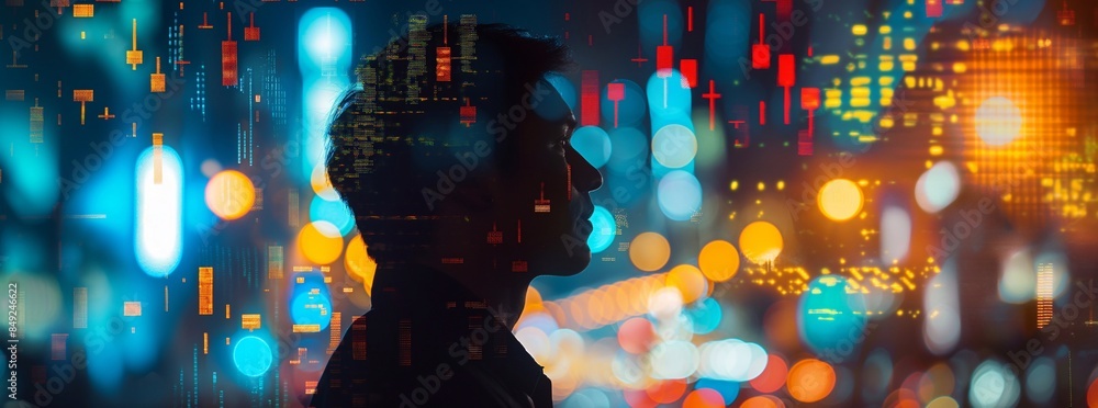 A double exposure of the silhouette profile portrait and financial graphs overlaying glowing stock market data, with a futuristic urban cityscape background. A conceptual business idea concept. A double exposure of the silhouette profile portrait and financial graphs overlaying glowing stock market data, with a futuristic urban cityscape background. A conceptual business idea concept.