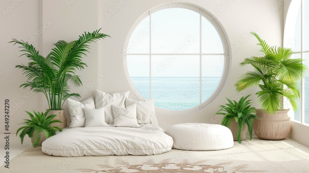 a white minimalist balcony bed, framed by an arched window overlooking the sea, adorned with lush green plants and soft white pillows, atop a cozy beige carpet. a white minimalist balcony bed, framed by an arched window overlooking the sea, adorned with lush green plants and soft white pillows, atop a cozy beige carpet.
