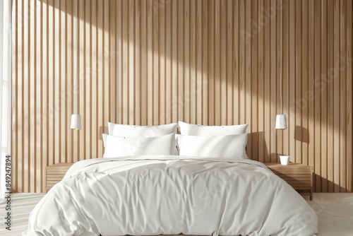 An interior design concept of modern minimalism with a wooden wall, comfy bed with pillows, and a bedside table. © Bundi