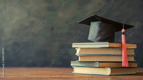 Graduation cap on stack of books with dark background