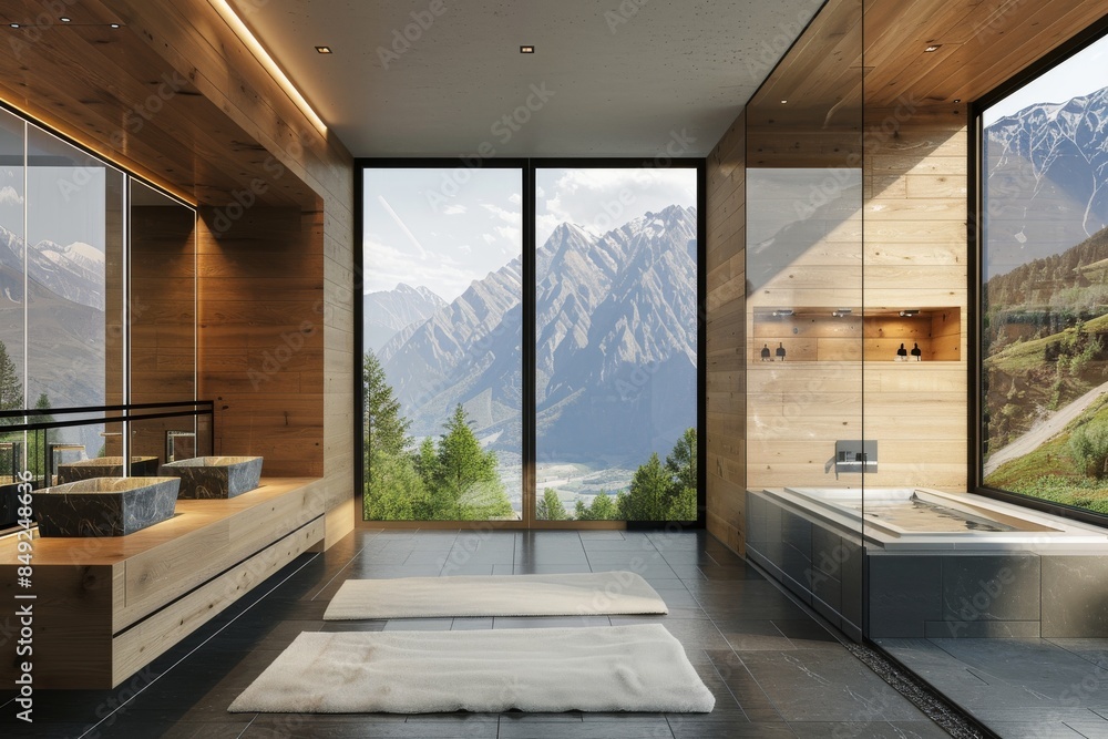 Fototapeta premium An interior bathroom in a hotel with a double sink and a panoramic window features a stylish design