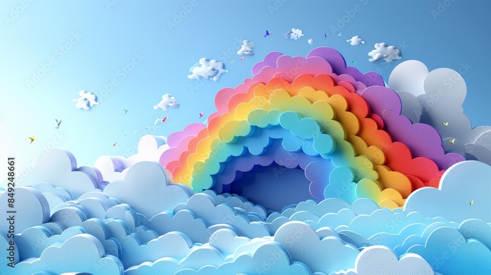 A vibrant rainbow arch forms a whimsical cave in a field of fluffy clouds against a bright blue sky. A vibrant rainbow arch forms a whimsical cave in a field of fluffy clouds against a bright blue sky.