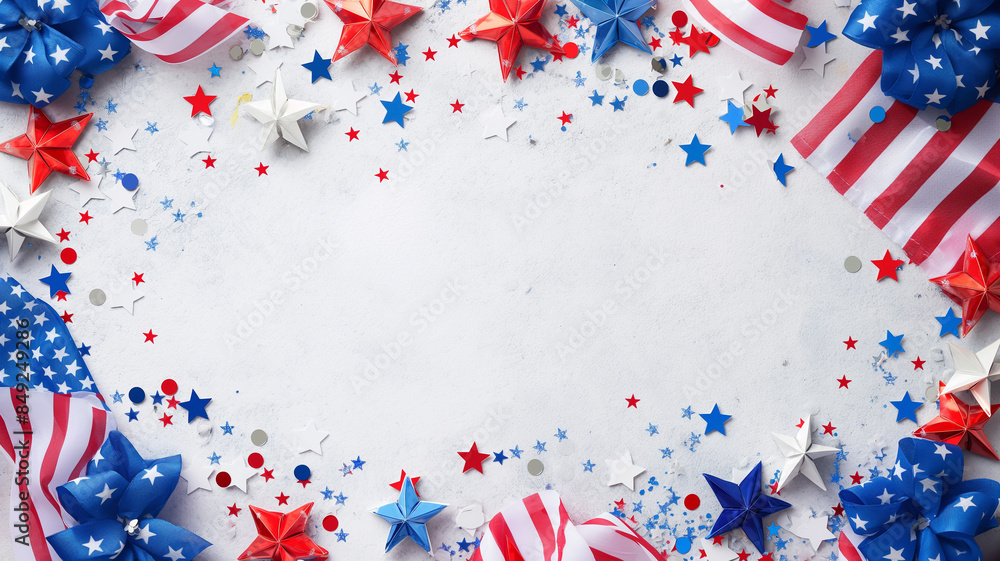 4th of July Abstract Background: Flatlay of US Flags and Star Decorations
