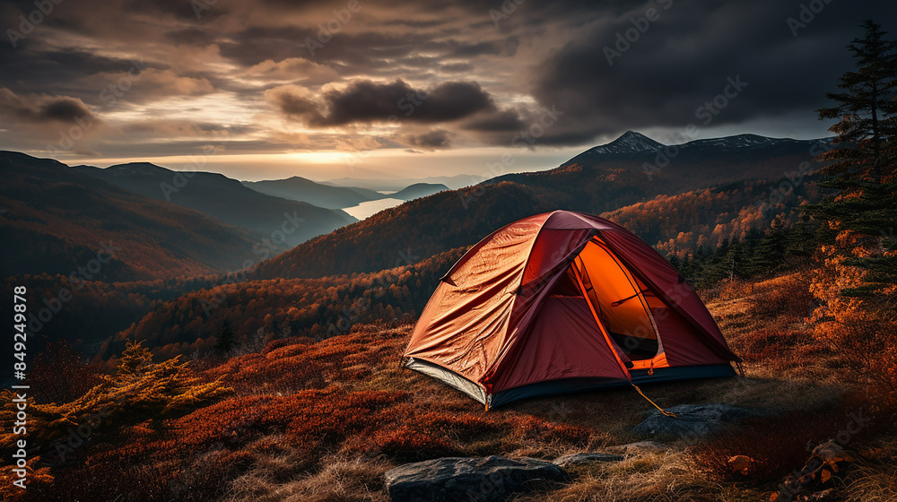 Amazing autumn camping atop a mountain: a lone orange tent nestled in a forest of red dwarf birch bushes. Adventure and tourism concept, perfect for an outdoor voyage. Daytime view. Amazing autumn camping atop a mountain: a lone orange tent nestled in a forest of red dwarf birch bushes. Adventure and tourism concept, perfect for an outdoor voyage. Daytime view.