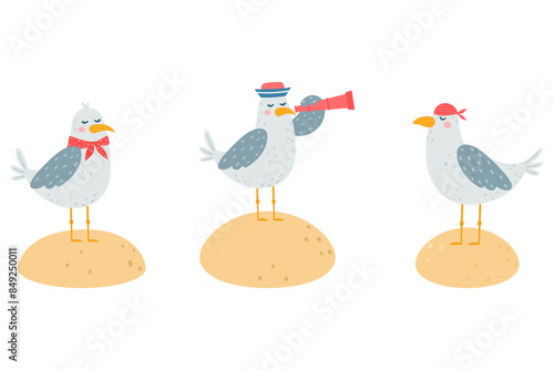 Funny seagull characters vector illustration. Simple cartoon style.
