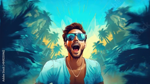 suprised happy man on tropical outdoor background photo
