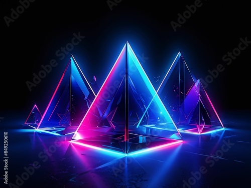 Glowing Geometric Shapes with Neon Vibrancy Against Pitch Black Backdrop - Modern Digital Art