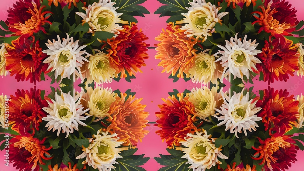 Different chrysanthemums and leaves on pink background Different chrysanthemums and leaves on pink background