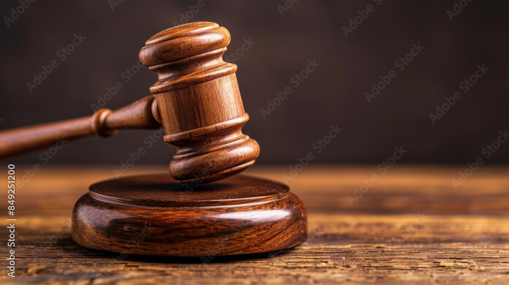 Wooden gavel on a base depicted in brown background. Wooden gavel on a base depicted in brown background.