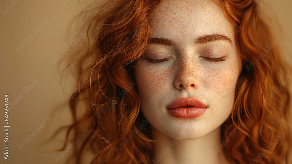 Image of a pretty young redhead woman posing isolated over beige wall background. Eyes closed. Image of a pretty young redhead woman posing isolated over beige wall background. Eyes closed.