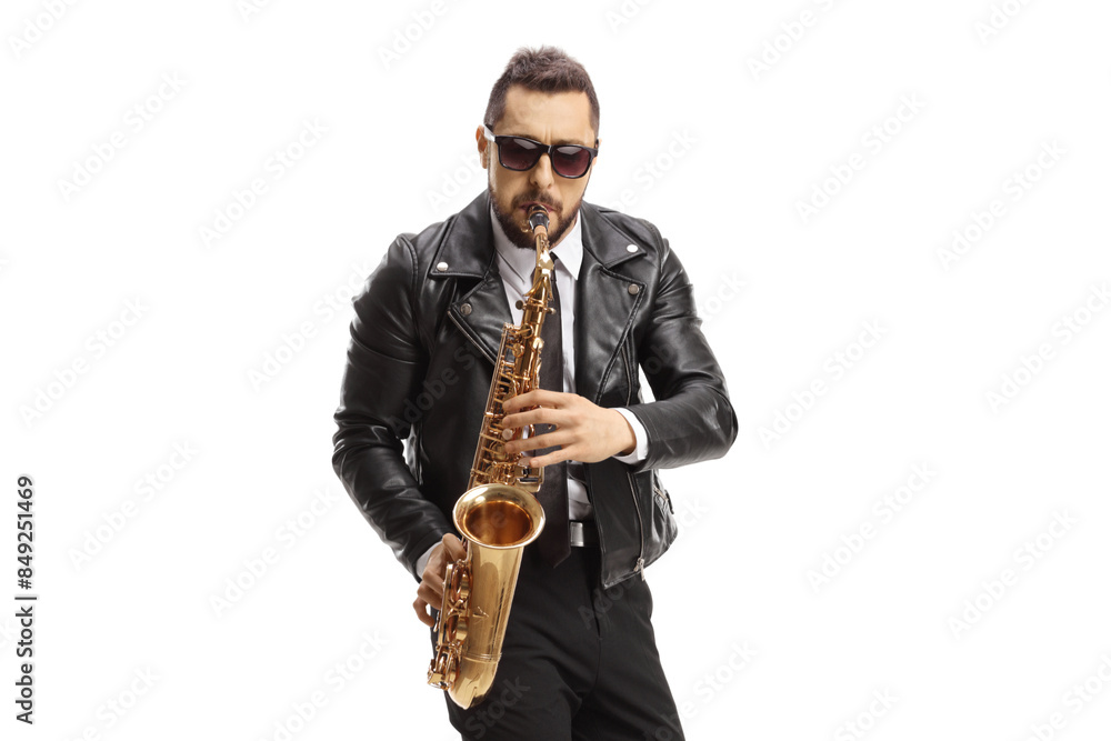 Naklejka premium Man playing a saxophone and wearing sunglasses