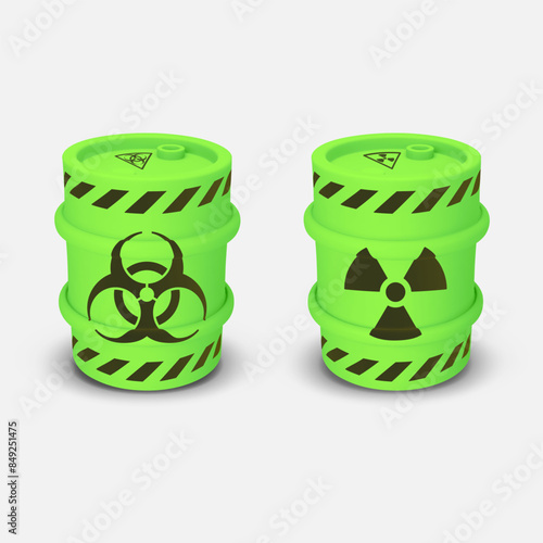Set green round metal drum. 3D rendering. Vector illustration isolated on white. Barrel of toxic, radioactive waste. Dangerous chemical liquids, flammable gases, toxins, radiation. Biological hazard © vector zėfirkã