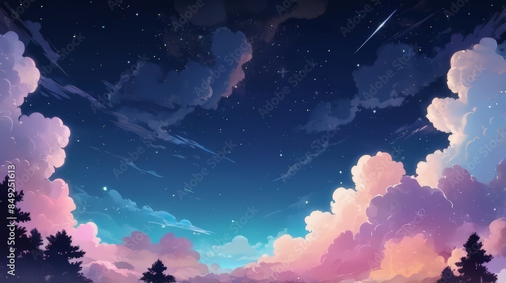illustration of a beautiful view of mountains and sky at night with a cartoon anime concept. Seashore landscape with lighthouse. night landscape with super moon, dark forest background