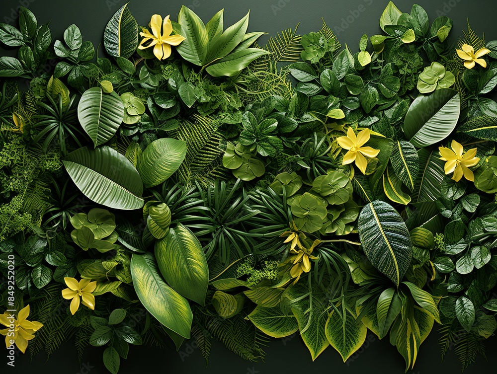 A vibrant array of tropical leaves and flowers background. A vibrant array of tropical leaves and flowers background.