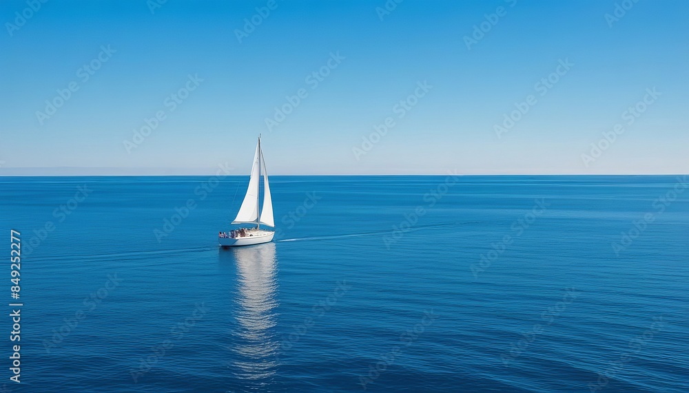 Fototapeta premium An elegant white sailboat on a calm blue ocean under a clear summer sky, creating a picturesque seascape. background for summer cruises and sea travel, symbolizing freedom and adventure