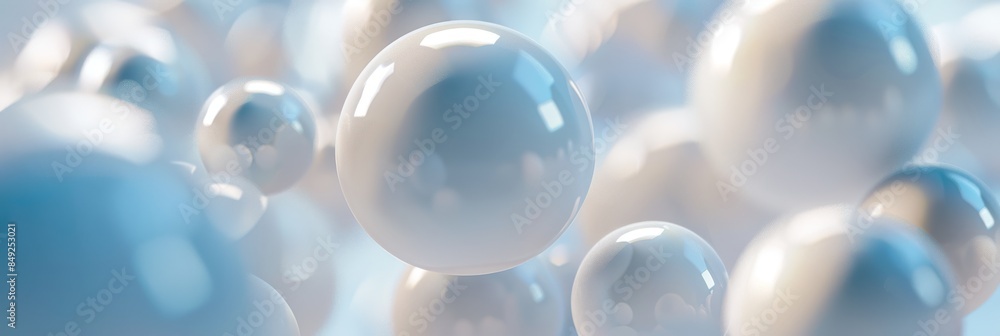 A peaceful display with white spheres in soft focus, a light bokeh effect, creating a serene, elegant arrangement A peaceful display with white spheres in soft focus, a light bokeh effect, creating a serene, elegant arrangement