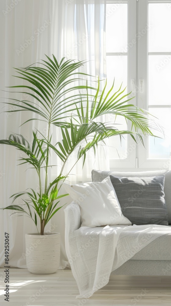 a modern living room, featuring a sofa adorned with pillows, positioned against a window with billowing curtains, showcasing the Scandinavian home decoration concept. a modern living room, featuring a sofa adorned with pillows, positioned against a window with billowing curtains, showcasing the Scandinavian home decoration concept.