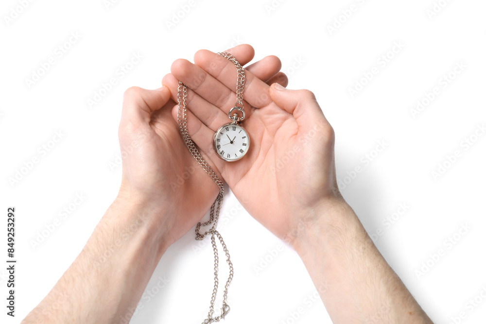 Man holding chain with elegant pocket watch on white background, top view Man holding chain with elegant pocket watch on white background, top view