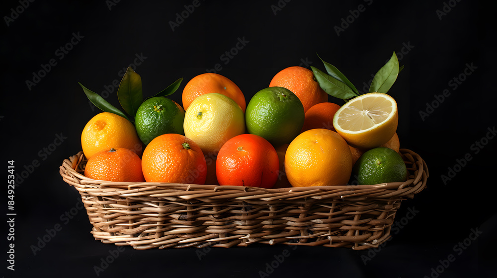 A basket of fruit including oranges, lemons, and grapefruit A basket of fruit including oranges, lemons, and grapefruit