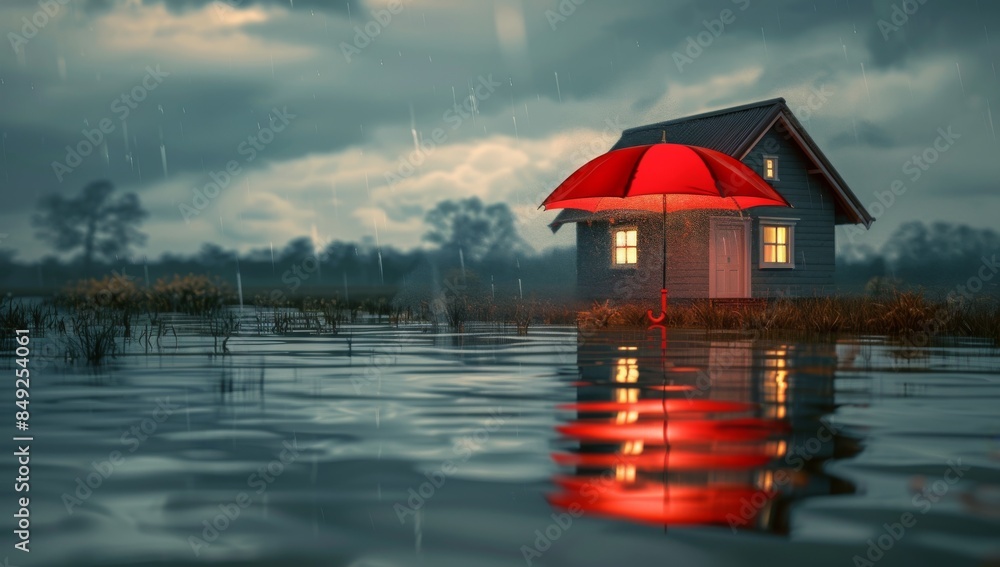Fototapeta premium House under a red umbrella reflected in water, vivid and realistic, outdoor natural background, concept of home protection.