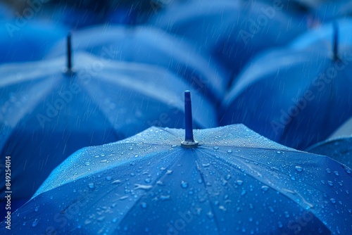 This is a close-up of blue umbrellas with raindrops in a rainy outdoor setting, illustrating protection and insurance. photo